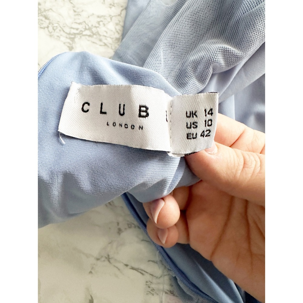 Club L London Maternity Blue Ruched Asymmetrical Mesh Midi Dress Size 10 Glam - Picture 7 of 9